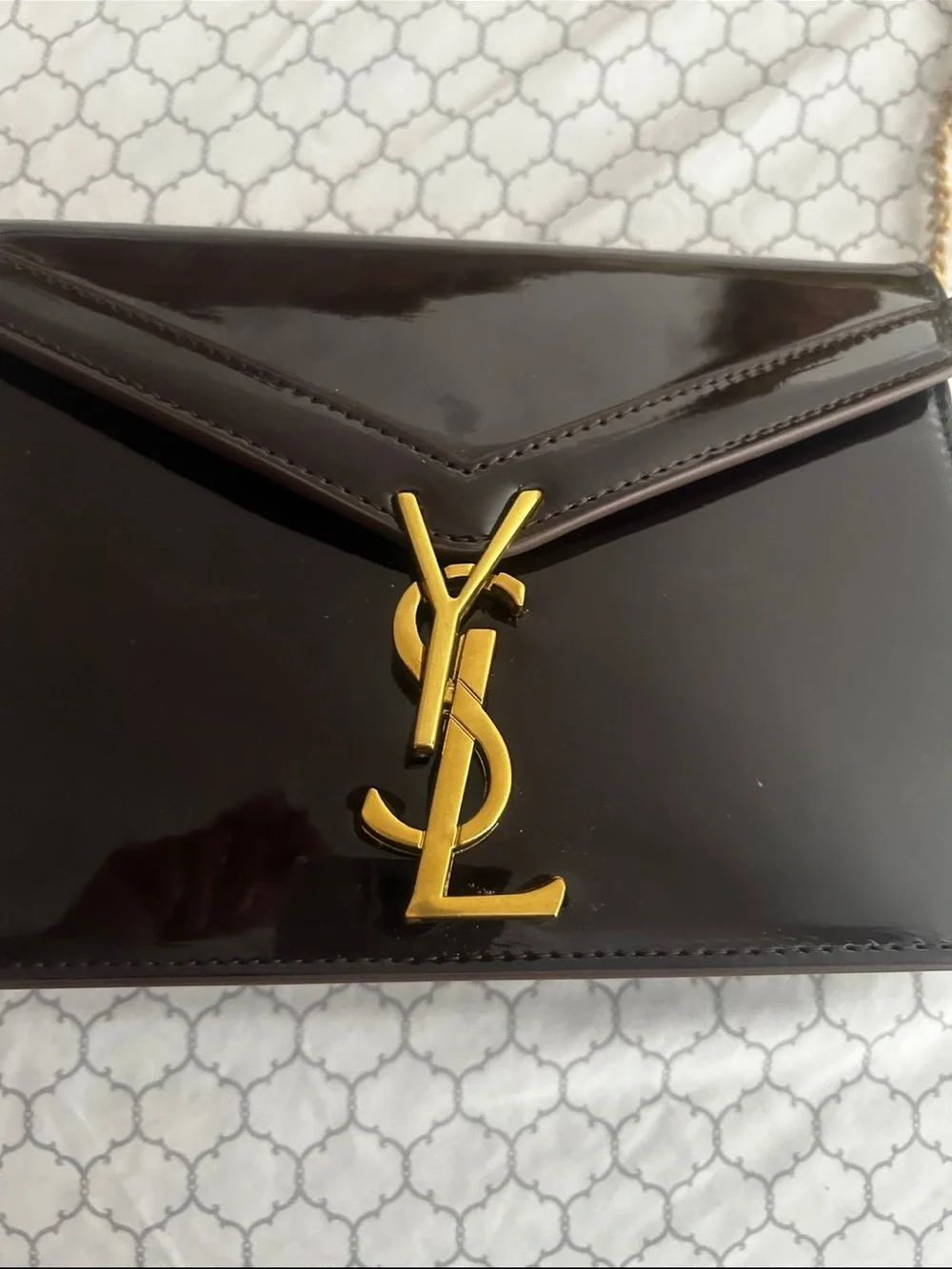 Brown Patent Envelope Shoulder Bag with Gold Chain - Picture 2 of 6